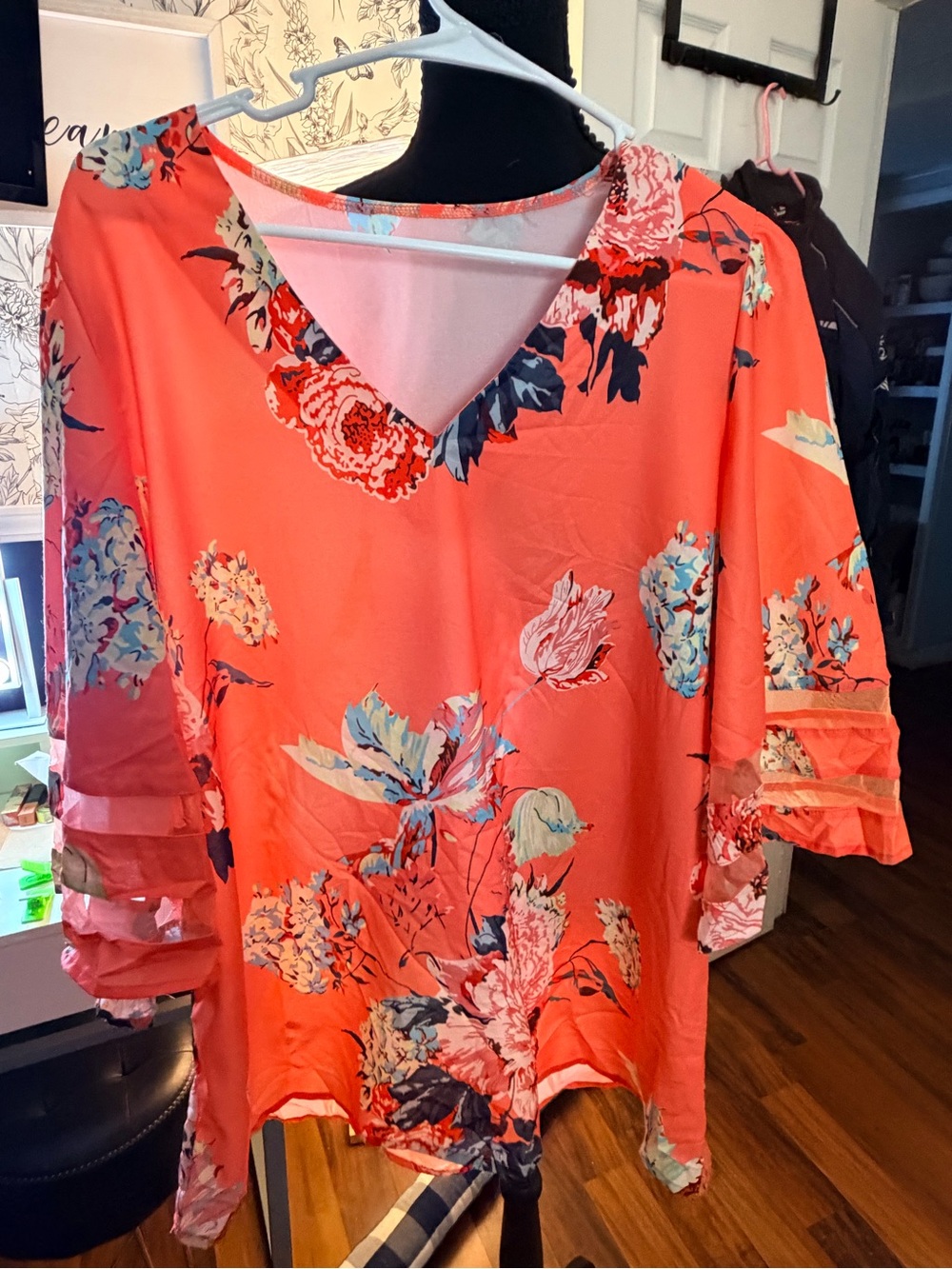 Coral Floral V-Neck Blouse with Ruffle Sleeves